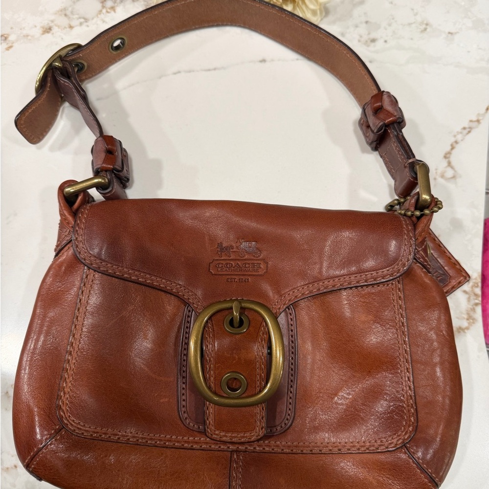 Coach Cognac Leather Shoulder Bag with Brass Ring Accent